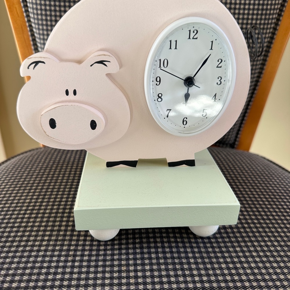 Wish Upon a Star Wooden Pink Piggy Clock on Green Stand